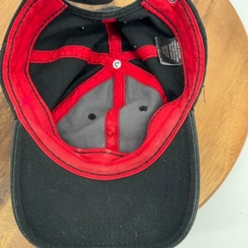 True Religion Hat‎ Cap Black Red Mens OSFA Horseshoe Distressed Faded Strapback